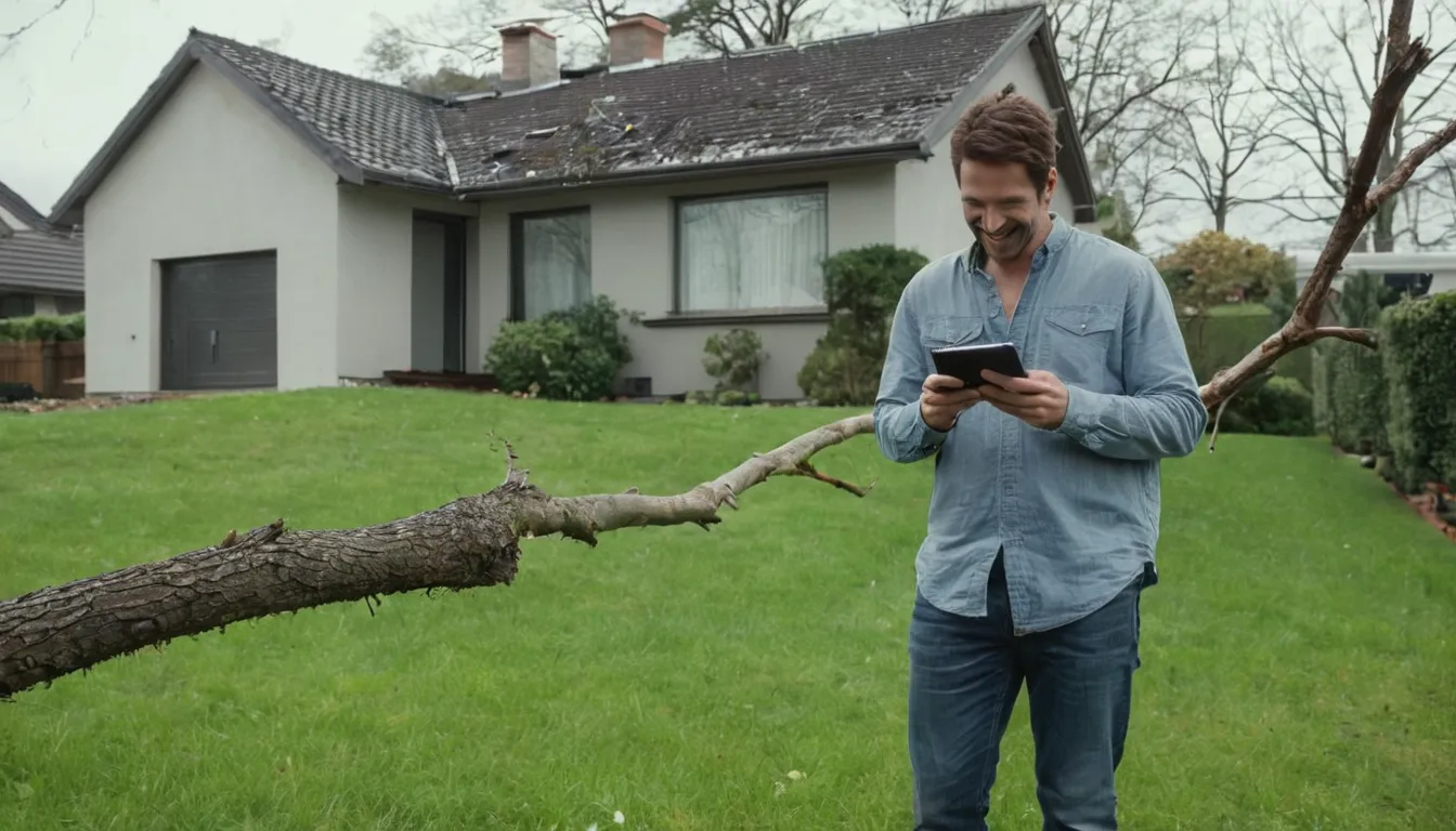 Homeowner photographing storm-damaged tree limbs for an estimate