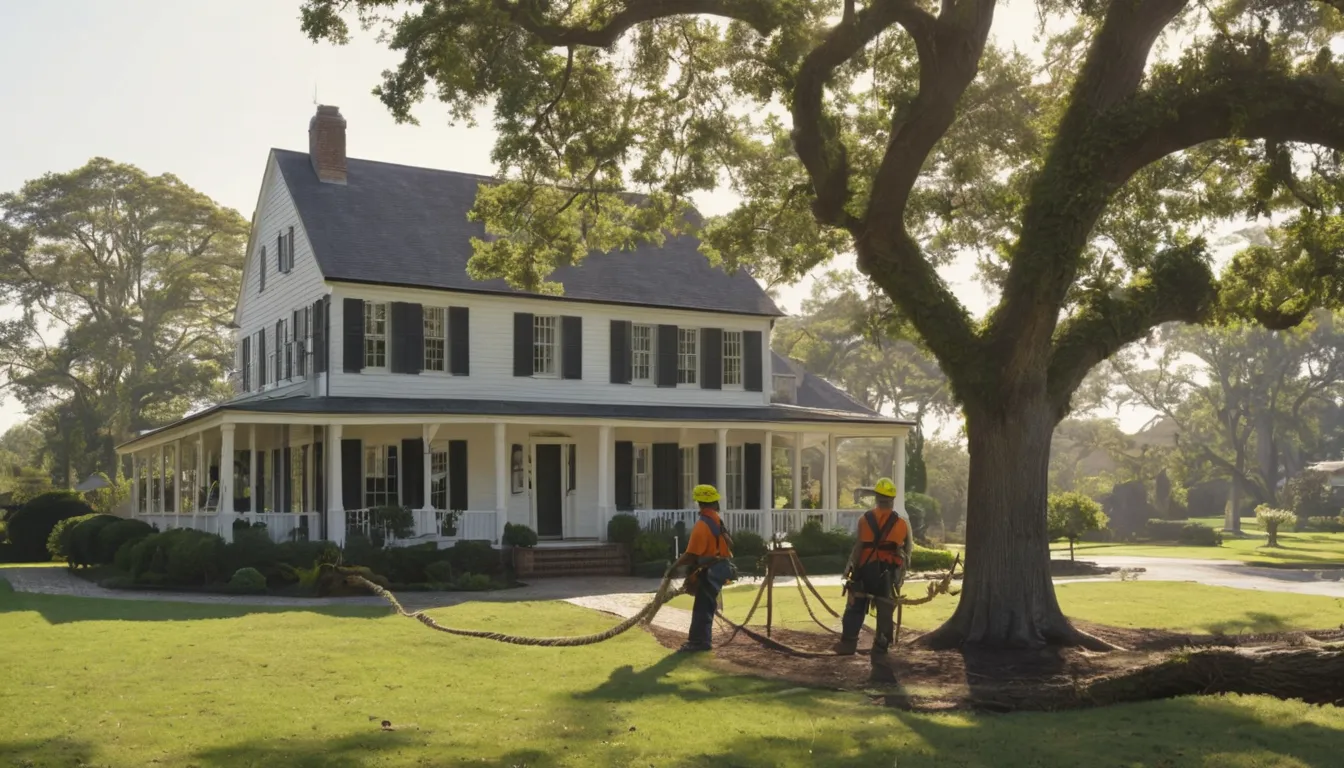 Tree removal provider lowering a large branch near a colonial home in Beckley